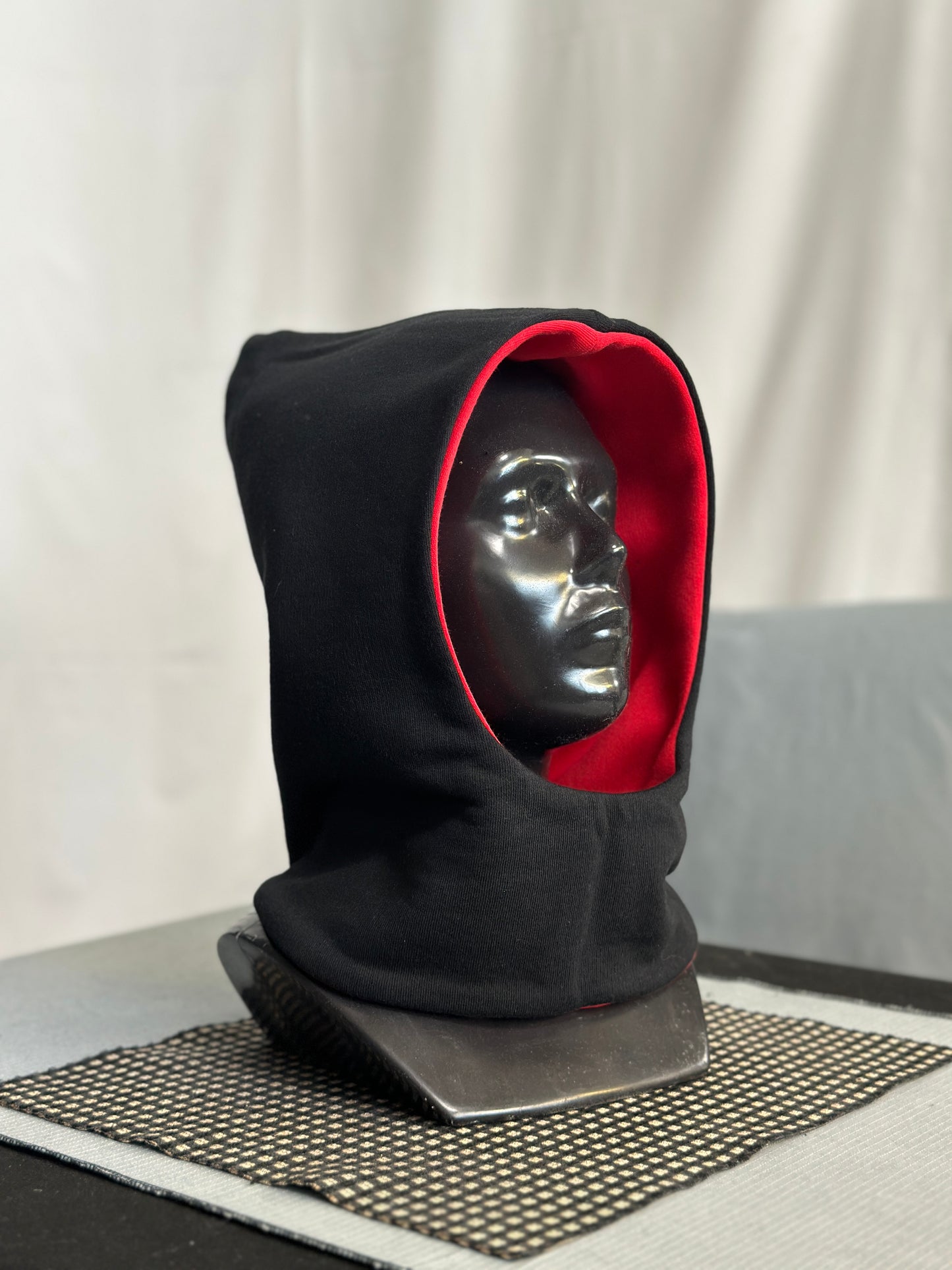 Crimson Red & Black Reversible Elf Hood – Short Neck Edition